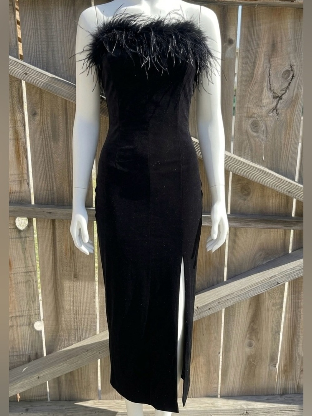 Vintage Georgiou Studio Black Velvet Strapless Midi Dress Feather Trim Formal